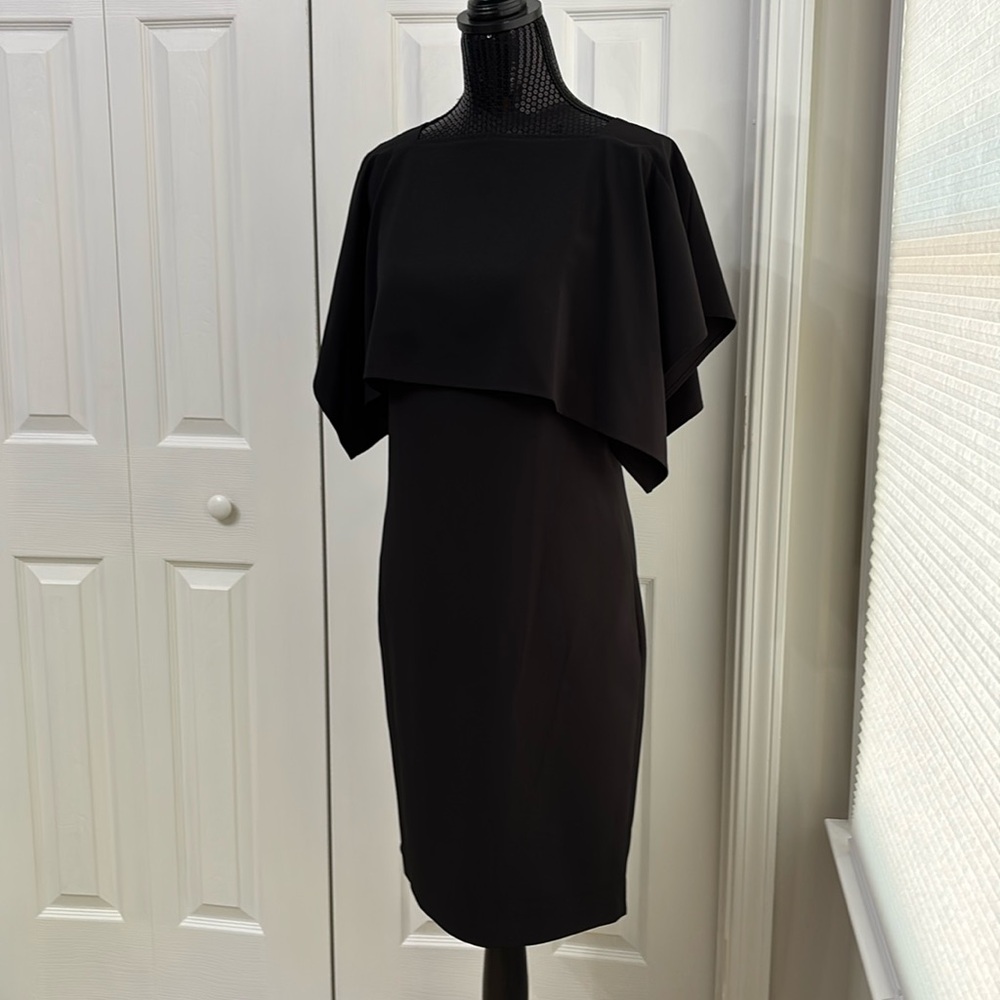 Calvin Klein Black Popover-Cape Crepe Sheath Dress - Picture 3 of 6